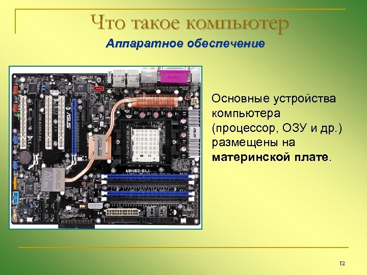 Что такое компьютер Аппаратное обеспечение Основные устройства компьютера (процессор, ОЗУ и др. ) размещены