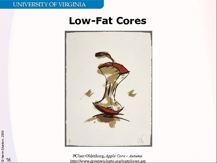 UNIVERSITY OF VIRGINIA © Kevin Skadron, 2008 Low-Fat Cores 16 PClaes Oldenburg, Apple Core