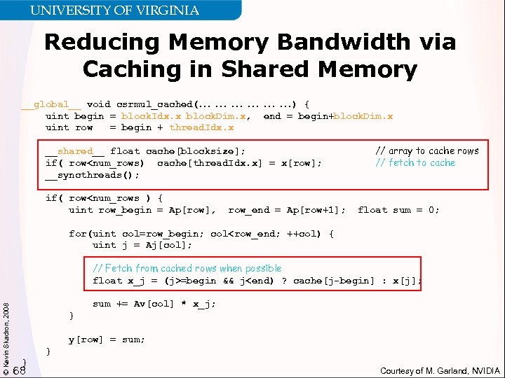 UNIVERSITY OF VIRGINIA Reducing Memory Bandwidth via Caching in Shared Memory __global__ void csrmul_cached(…