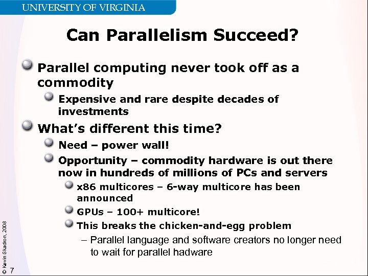 UNIVERSITY OF VIRGINIA Can Parallelism Succeed? Parallel computing never took off as a commodity