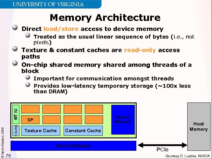 UNIVERSITY OF VIRGINIA Memory Architecture Direct load/store access to device memory Treated as the