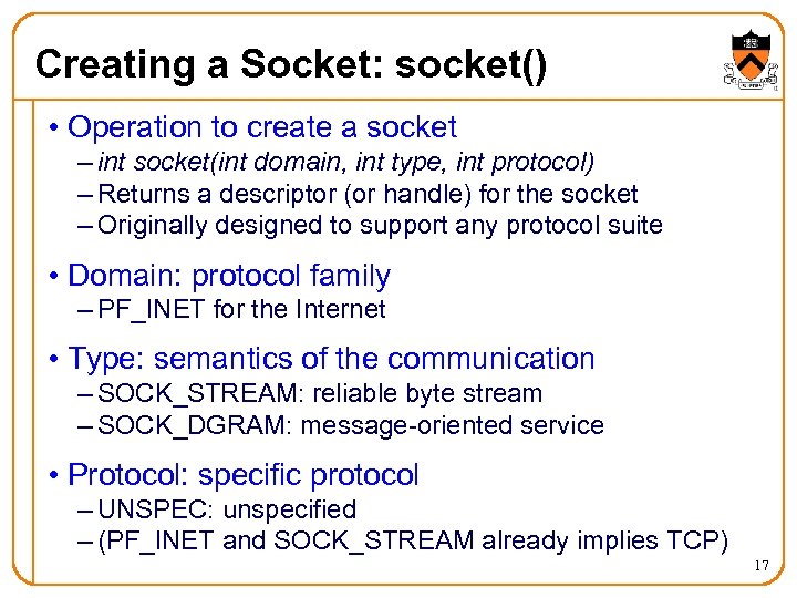 Creating a Socket: socket() • Operation to create a socket – int socket(int domain,
