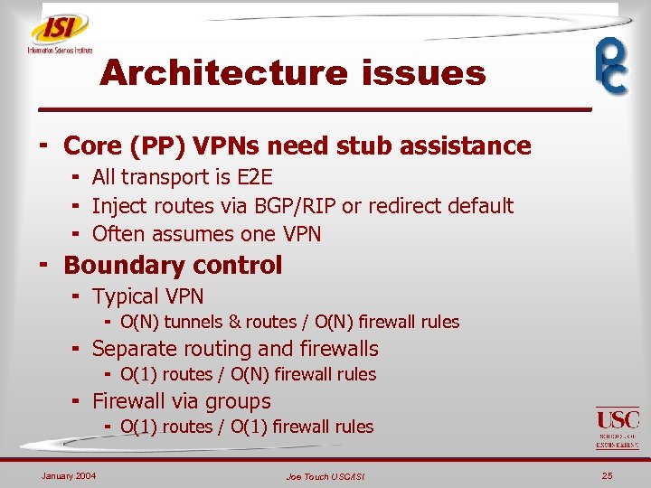 Architecture issues ¬ Core (PP) VPNs need stub assistance ¬ All transport is E