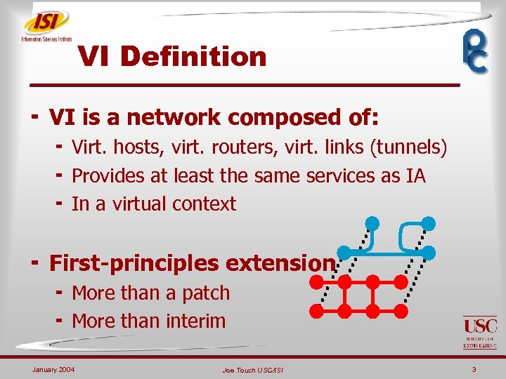 VI Definition ¬ VI is a network composed of: ¬ Virt. hosts, virt. routers,