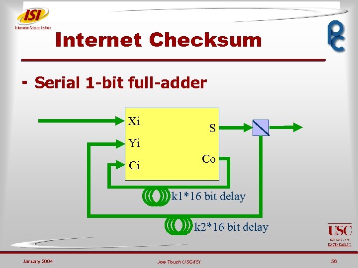 Internet Checksum ¬ Serial 1 -bit full-adder Xi S Yi Co Ci k 1*16