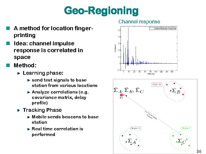 Geo-Regioning Channel response A method for location fingerprinting Idea: channel impulse response is correlated