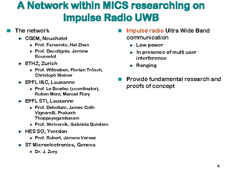 A Network within MICS researching on Impulse Radio UWB The network CSEM, Neuchatel Prof.