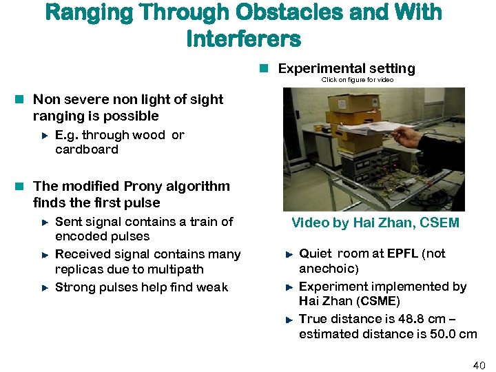 Ranging Through Obstacles and With Interferers Experimental setting Click on figure for video Non