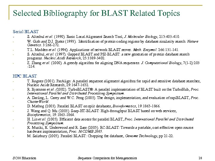 Selected Bibliography for BLAST Related Topics Serial BLAST - S. Altschul et al. (1990).