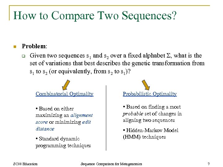 How to Compare Two Sequences? n Problem: q Given two sequences s 1 and