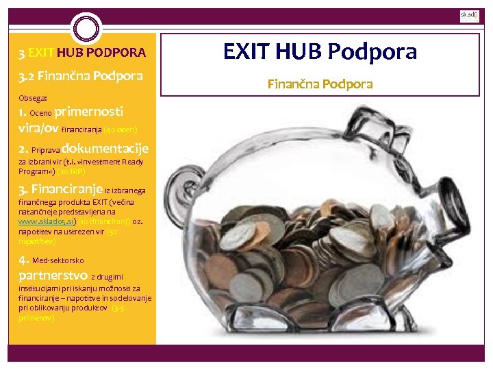 3 EXIT HUB PODPORA 3. 2 Finančna Podpora Obsega: 1. Oceno primernosti vira/ov financiranja