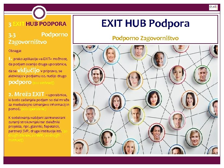 3 EXIT HUB PODPORA EXIT HUB Podpora 3. 3 Podporno Zagovorništvo Obsega: 1. preko