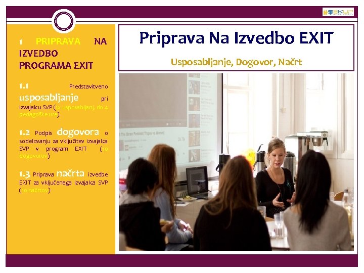 1 PRIPRAVA NA IZVEDBO PROGRAMA EXIT 1. 1 Predstavitveno usposabljanje pri izvajalcu SVP (12