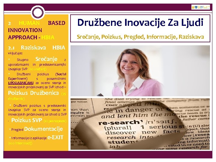 2 HUMAN BASED INNOVATION APPROACH - HBIA 2. 1 Raziskava HBIA vključuje: Srečanje *