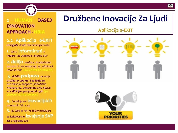 2 HUMAN BASED INNOVATION APPROACH - HBIA 2. 2 Aplikacija e-EXIT omogoča družbenicam in