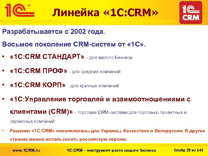 Линейка « 1 С: CRM» Разрабатывается с 2002 года. Восьмое поколение CRM-систем от «