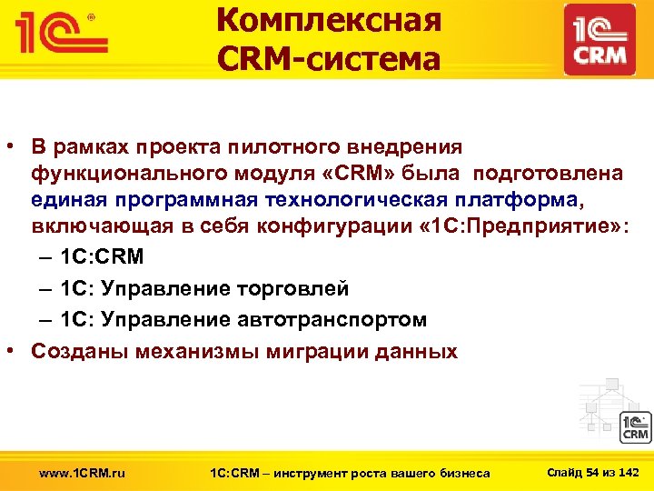 Комплексная CRM-система • В рамках проекта пилотного внедрения функционального модуля «CRM» была подготовлена единая