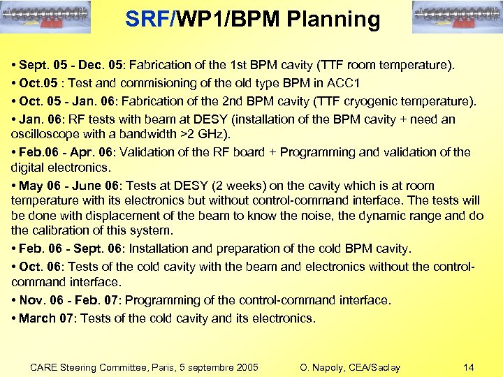 SRF/WP 1/BPM Planning • Sept. 05 - Dec. 05: Fabrication of the 1 st