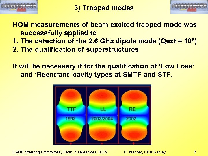 3) Trapped modes HOM measurements of beam excited trapped mode was successfully applied to