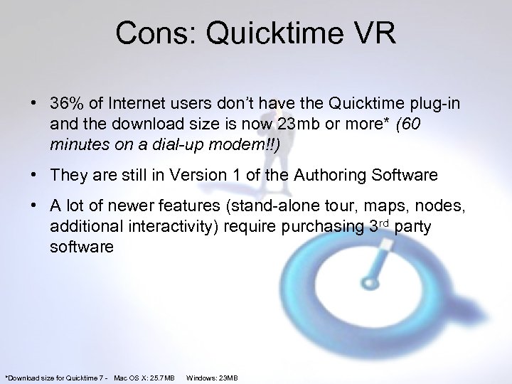 Cons: Quicktime VR • 36% of Internet users don’t have the Quicktime plug-in and