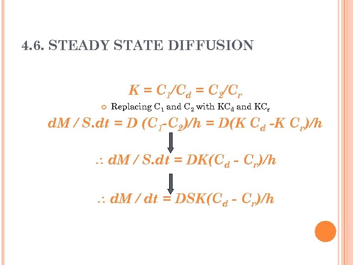 4. 6. STEADY STATE DIFFUSION K = C 1/Cd = C 2/Cr Replacing C