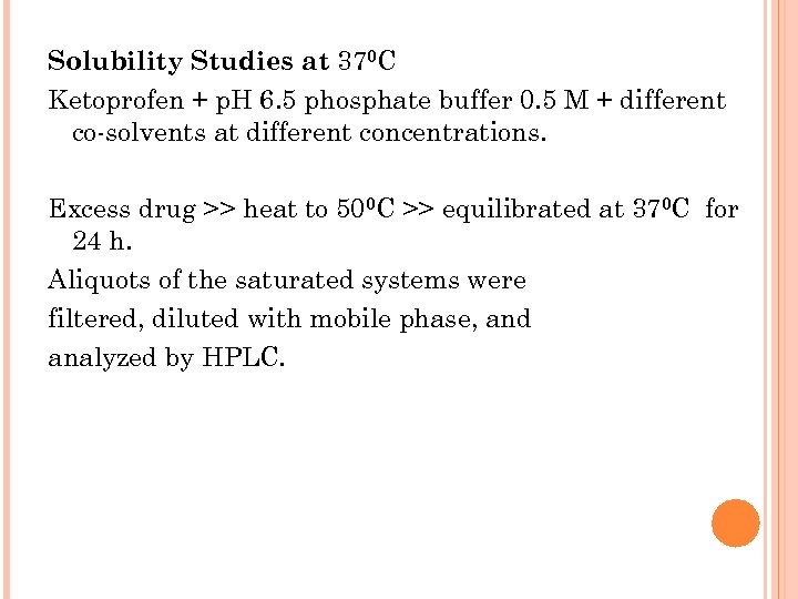 Solubility Studies at 370 C Ketoprofen + p. H 6. 5 phosphate buffer 0.