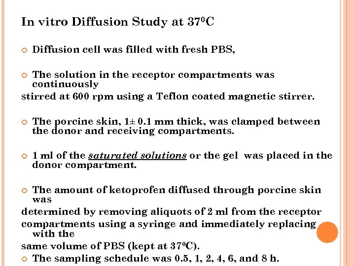 In vitro Diffusion Study at 370 C Diffusion cell was filled with fresh PBS,
