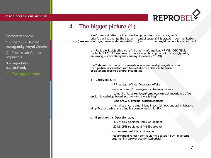 IFRRO ELF COPENHAGEN APRIL 2012 4 – The bigger picture (1) Content overview: 1