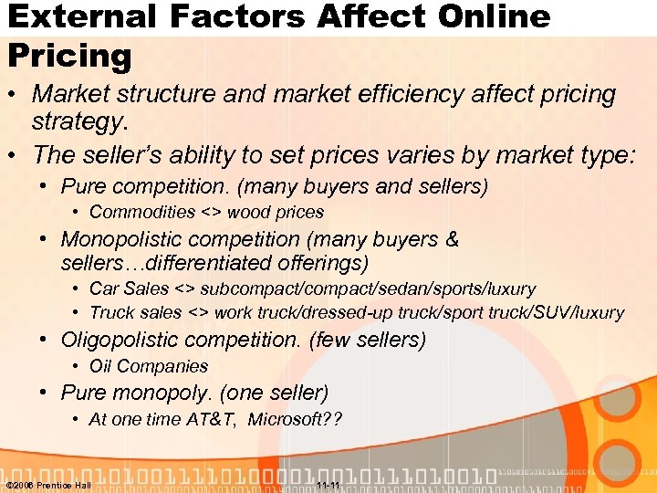External Factors Affect Online Pricing • Market structure and market efficiency affect pricing strategy.
