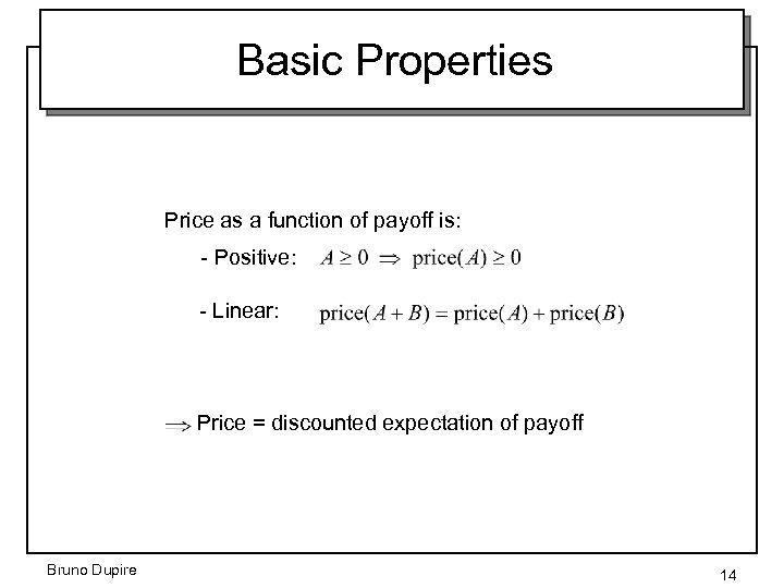 Basic Properties Price as a function of payoff is: - Positive: - Linear: Price