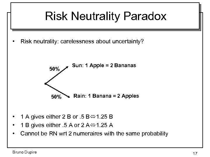 Risk Neutrality Paradox • Risk neutrality: carelessness about uncertainty? 50% Sun: 1 Apple =