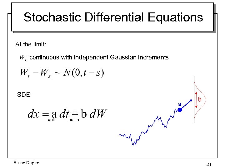 Stochastic Differential Equations At the limit: continuous with independent Gaussian increments SDE: a drift