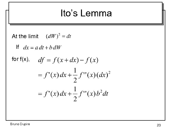 Ito’s Lemma At the limit If for f(x), Bruno Dupire 23 