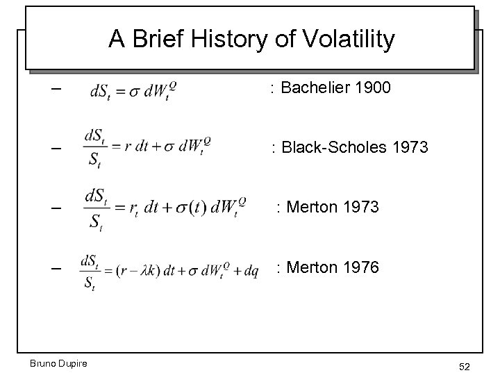 A Brief History of Volatility – : Bachelier 1900 – : Black-Scholes 1973 –