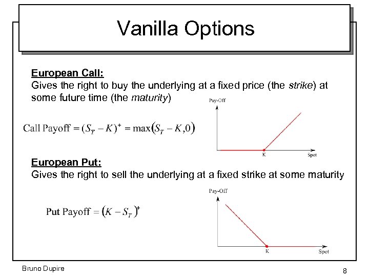 Vanilla Options European Call: Gives the right to buy the underlying at a fixed