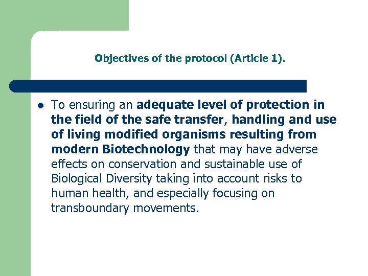 Objectives of the protocol (Article 1). l To ensuring an adequate level of protection