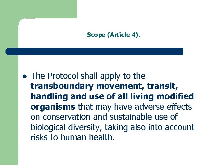Scope (Article 4). l The Protocol shall apply to the transboundary movement, transit, handling