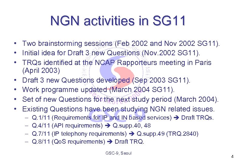 NGN activities in SG 11 • Two brainstorming sessions (Feb 2002 and Nov 2002