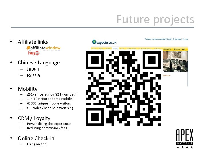 Future projects • Affiliate links • Chinese Language – Japan – Russia • Mobility