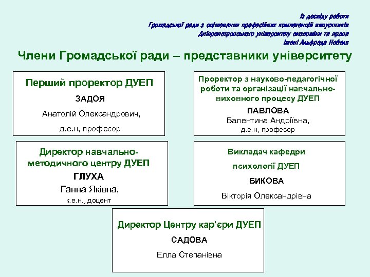 Із досвіду роботи Громадської ради з оцінювання професійних компетенцій випускників Дніпропетровського університету економіки та