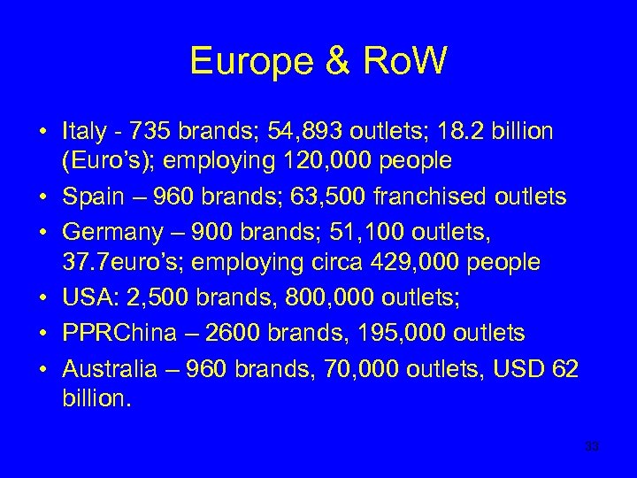 Europe & Ro. W • Italy - 735 brands; 54, 893 outlets; 18. 2