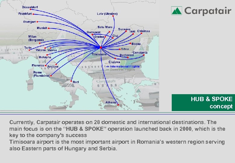 HUB & SPOKE concept Currently, Carpatair operates on 28 domestic and international destinations. The
