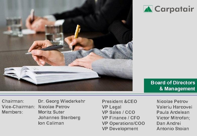 Board of Directors & Management Chairman: Dr. Georg Wiederkehr Vice-Chairman: Nicolae Petrov Members: Moritz