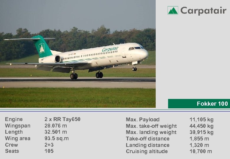 Fokker 100 Engine Wingspan Length Wing area Crew Seats 2 x RR Tay 650
