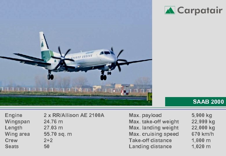 SAAB 2000 Engine Wingspan Length Wing area Crew Seats 2 x RR/Allison AE 2100