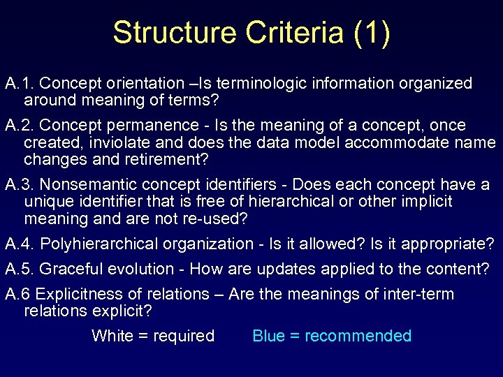 Structure Criteria (1) A. 1. Concept orientation –Is terminologic information organized around meaning of