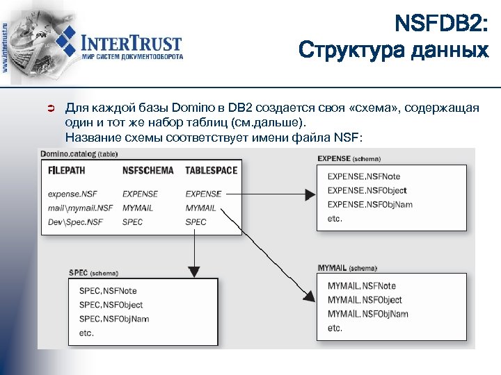 NSFDB 2: Структура данных Ü Для каждой базы Domino в DB 2 создается своя