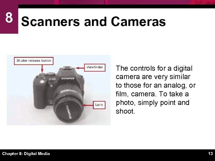 8 Scanners and Cameras The controls for a digital camera are very similar to