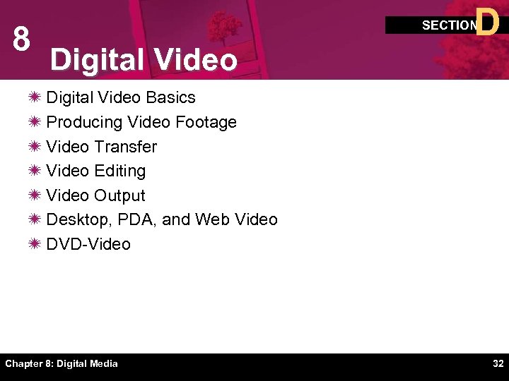 8 D SECTION Digital Video ï Digital Video Basics ï Producing Video Footage ï