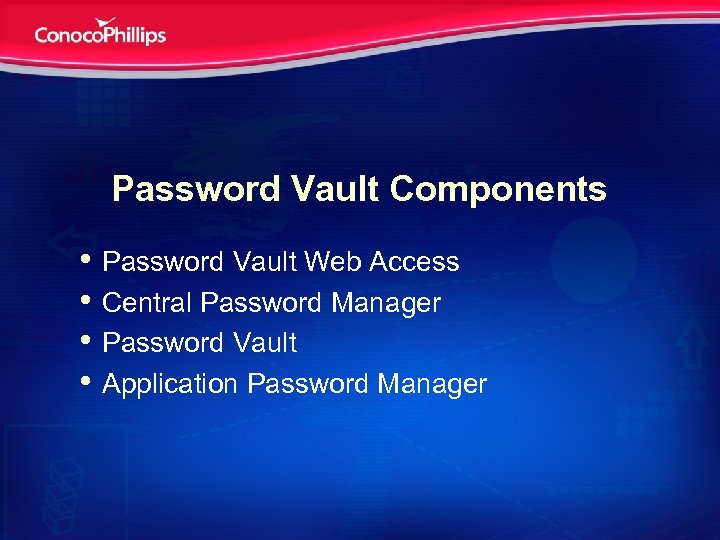 Password Vault Components • Password Vault Web Access • Central Password Manager • Password